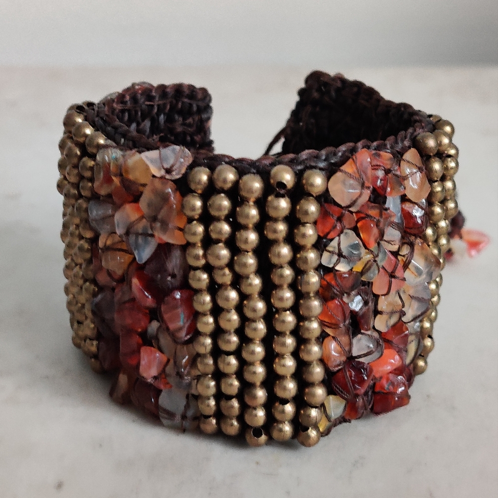 Handmade Carnelian Stones Crocheted Cuff Bracelet OOAK